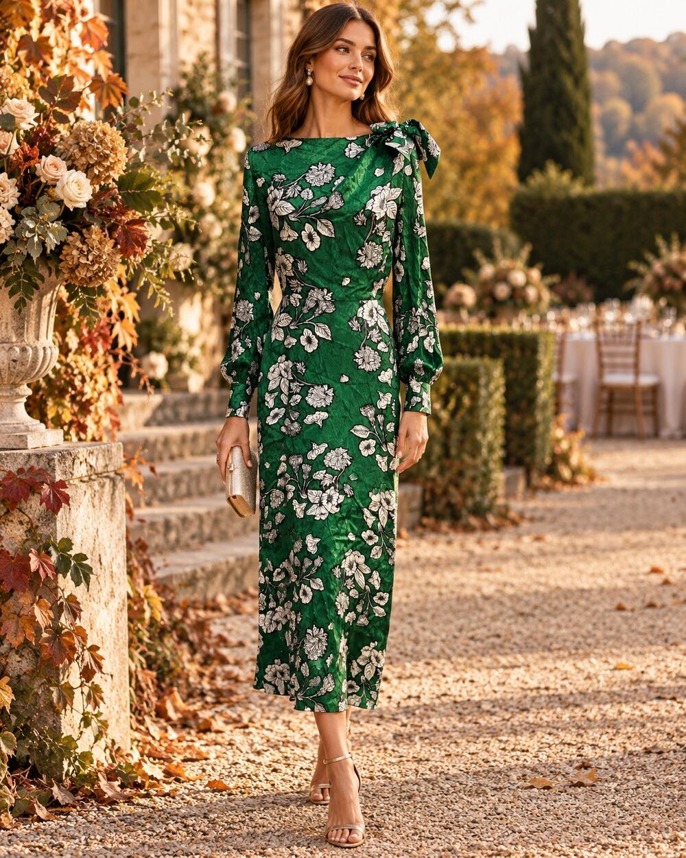 Borgo de Nor Green Floral Bow Shoulder Midi Dress